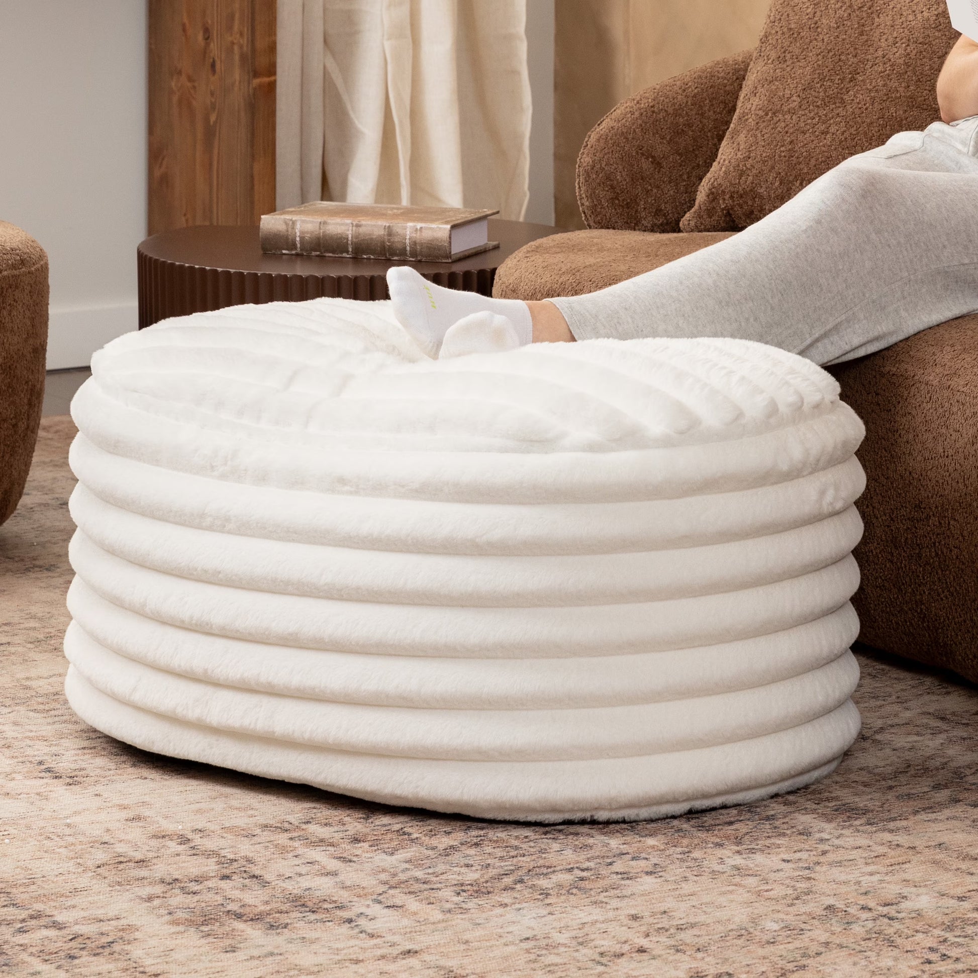Jaxx Paran Accent Pouf - Fluffy Faux Fur Ottoman for Modern Interior Design, Large, Black