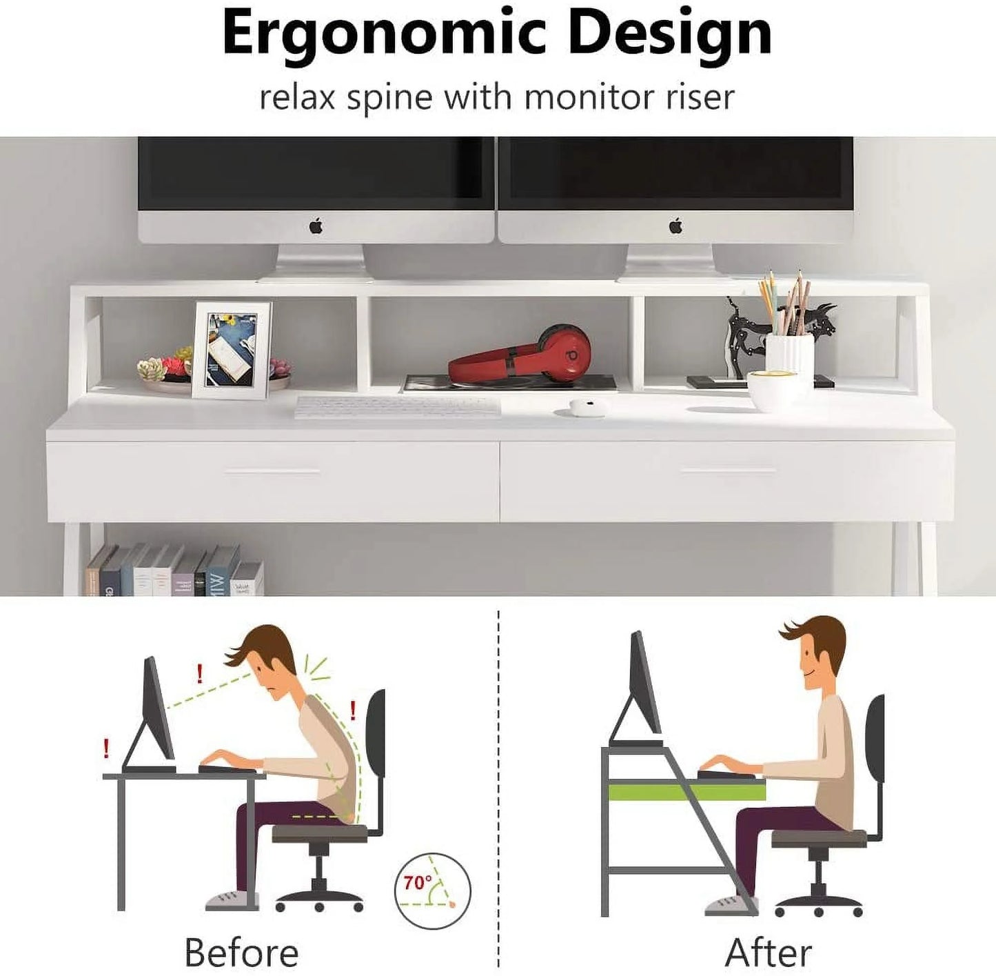 Tribesigns 47 inch Computer Desk, Modern Office Writing Desk with Storage Shelf & Drawers for Home Office, White
