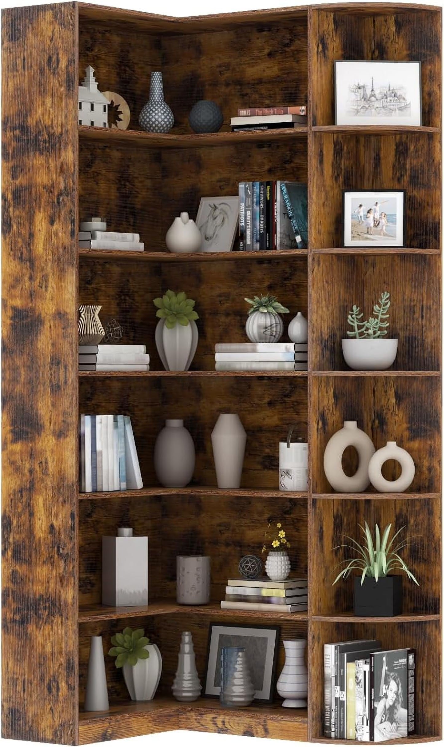 Loomie Bookshelves, 6 Tiers Shelf Large Tall Corner Etagere Bookcase with Full Baffle, L-Shaped Modern Storage Display Industrial Book Shelf for Bedroom, Home Office, Living Room & Kitchen