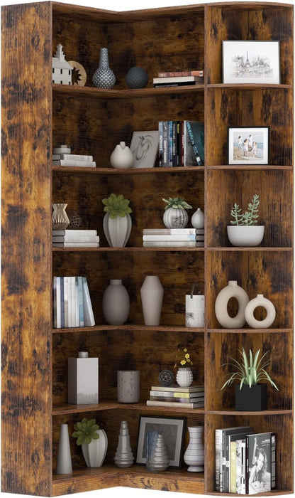 Loomie Bookshelves, 6 Tiers Shelf Large Tall Corner Etagere Bookcase with Full Baffle, L-Shaped Modern Storage Display Industrial Book Shelf for Bedroom, Home Office, Living Room & Kitchen