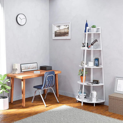Hassch 5-Tier Industrial Corner Bookcase 70" Wood Ladder Shelf Rustic Bamboo Stand for Living Room, Kitchen, Home Office, White