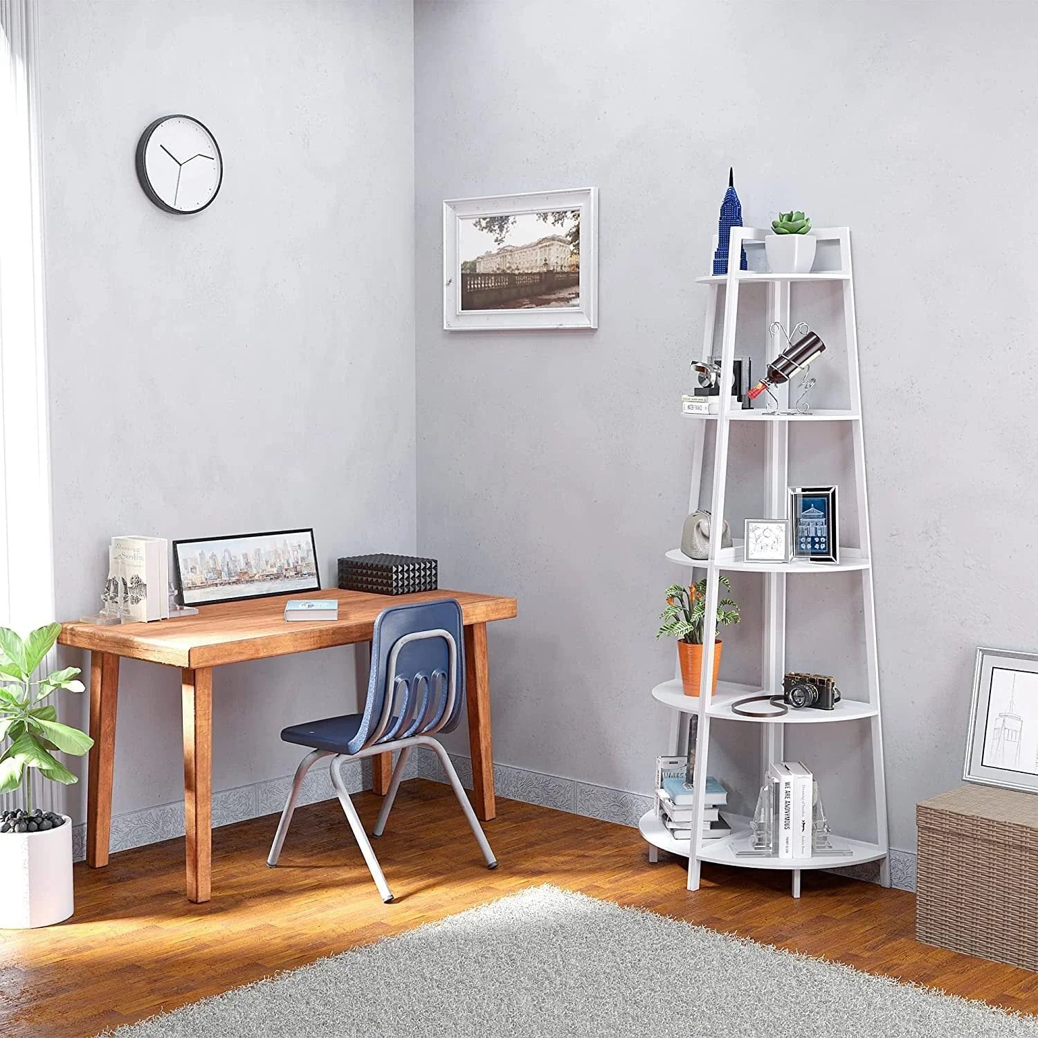 Hassch 5-Tier Industrial Corner Bookcase 70" Wood Ladder Shelf Rustic Bamboo Stand for Living Room, Kitchen, Home Office, White