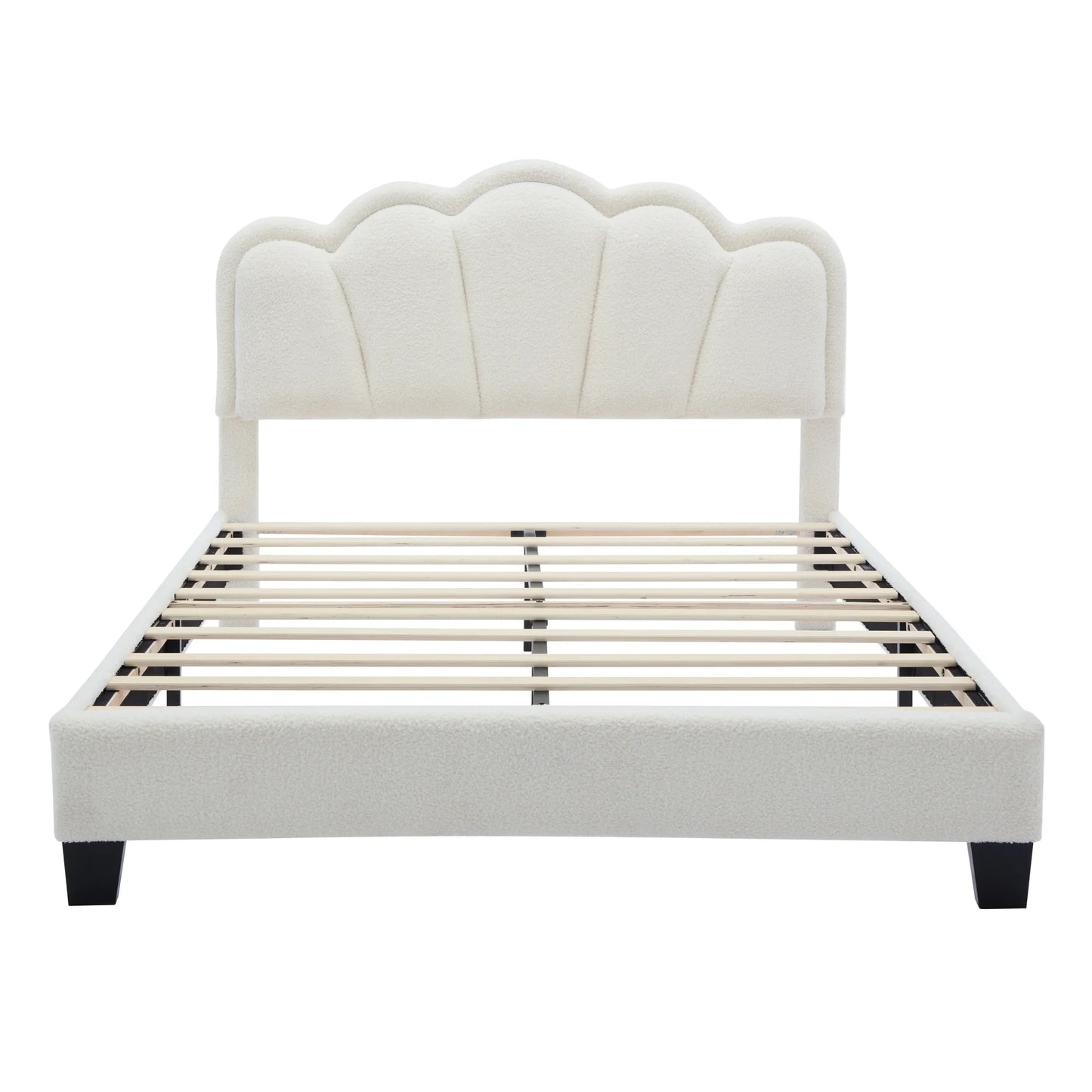 Euroco Upholstery Full Size Platform Bed with Flower-Shaped Headboard and LED Light for Kids Bedroom, Beige