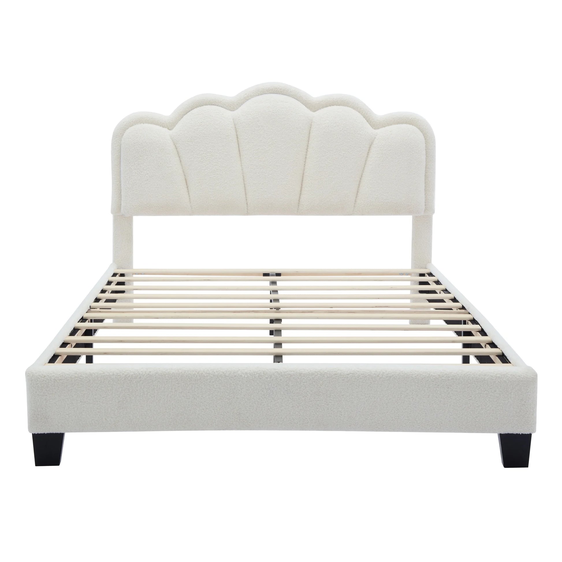 Euroco Upholstery Full Size Platform Bed with Flower-Shaped Headboard and LED Light for Kids Bedroom, Beige