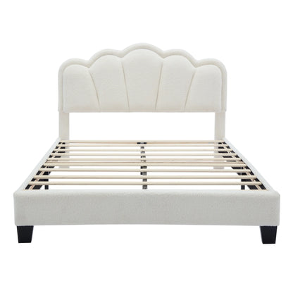 Euroco Upholstery Full Size Platform Bed with Flower-Shaped Headboard and LED Light for Kids Bedroom, Beige