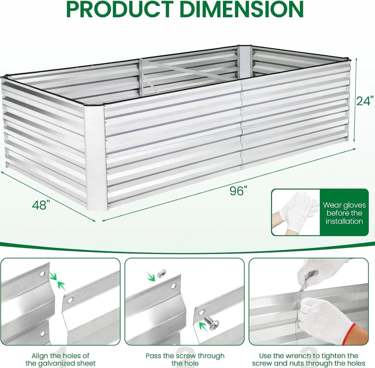 SEJOV 8x4x2FT Galvanized Raised Garden Bed Kit, Rectangular Raised Garden Planter Boxes, Metal Raised Flower Beds Outdoor with 478 Gallons Capacity, for Flowers Herbs Vegetable, Silver