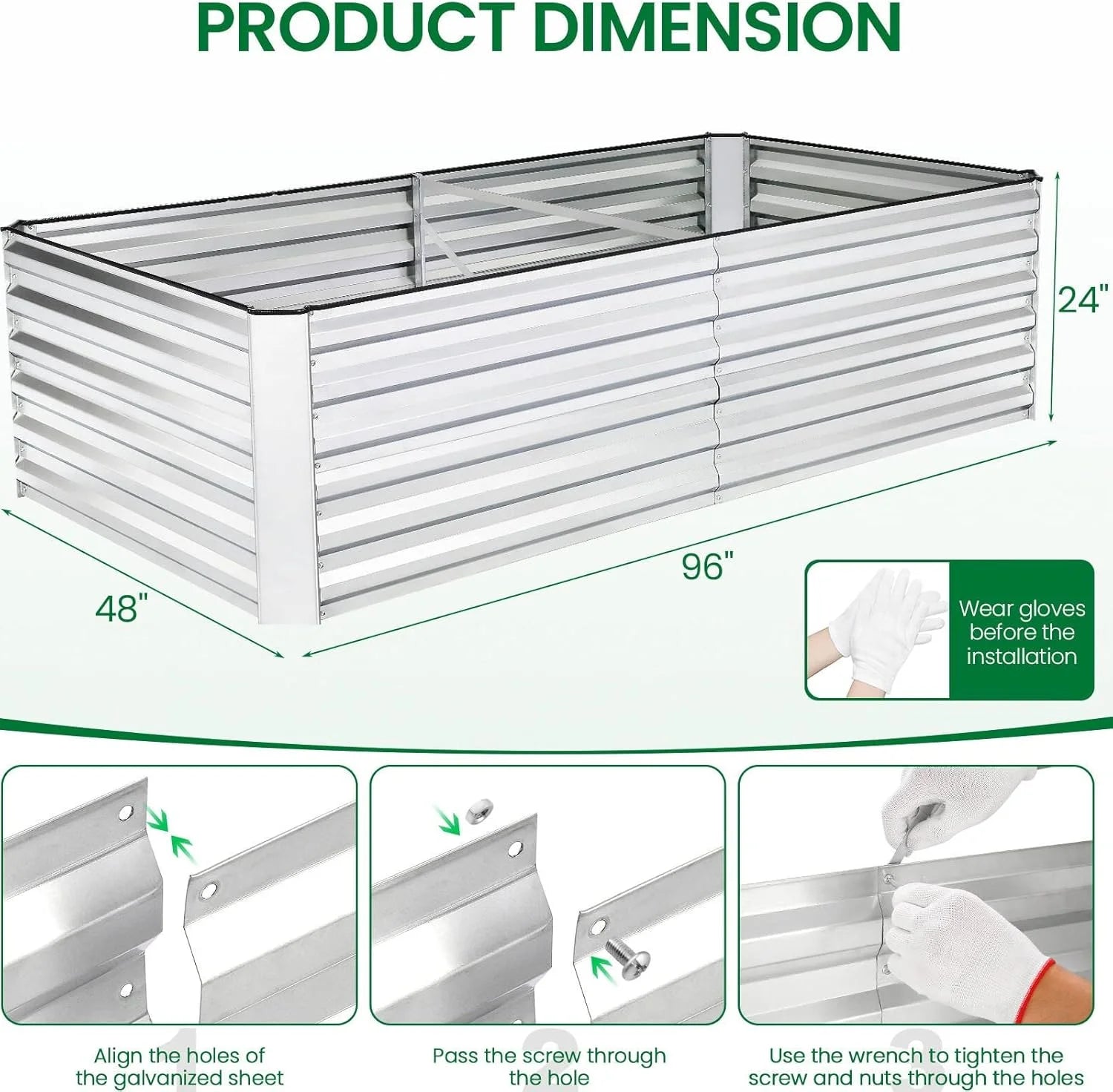 SEJOV 8x4x2FT Galvanized Raised Garden Bed Kit, Rectangular Raised Garden Planter Boxes, Metal Raised Flower Beds Outdoor with 478 Gallons Capacity, for Flowers Herbs Vegetable, Silver