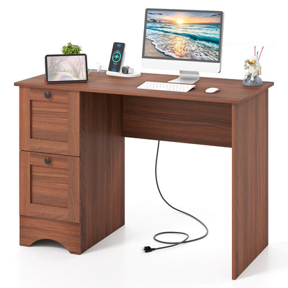 BHUIK Vintage Computer Desk with Charging Station, 43" Home Office Writing Table with 3 Drawers, USB & Type-C Ports, Wooden Study Workstation for Small Spaces, Walnut