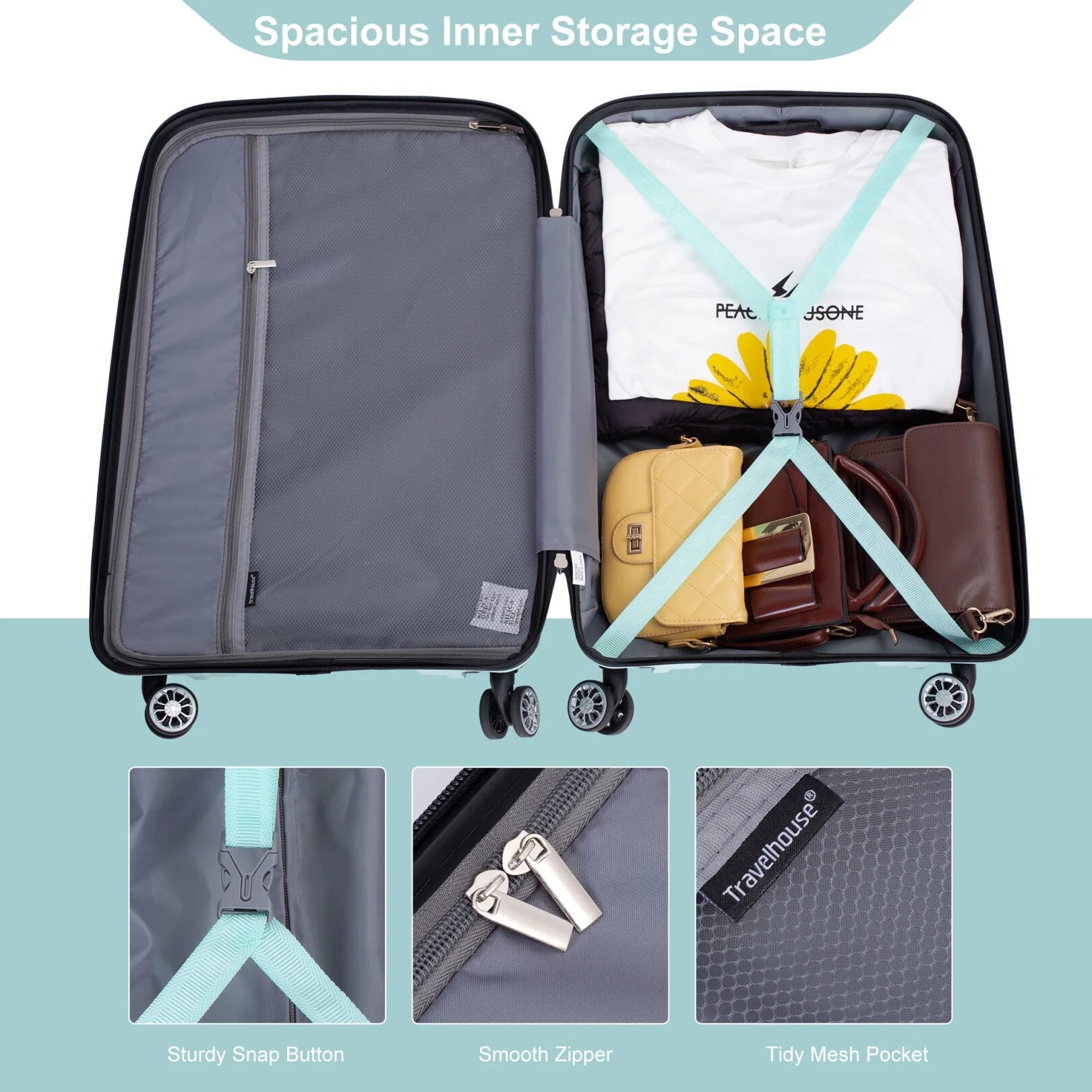 Lightweight PP Suitcase Sets with Spinner Wheels TSA Lock, Hardshell Luggage Sets for Travel Trips, 3-Piece Set (20in/24in/28in), Light Green