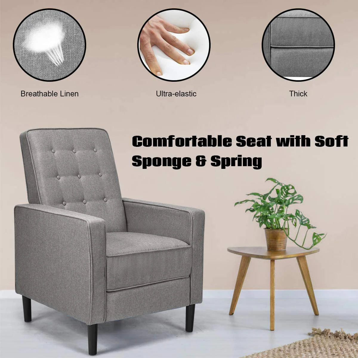 Giantex Push Back Recliner Chair, Fabric Accent Arm Chair with Ottoman Modern Recliner Sofa for Living Room Bedroom Home Office Club Chair (1 Pcs, Grey)
