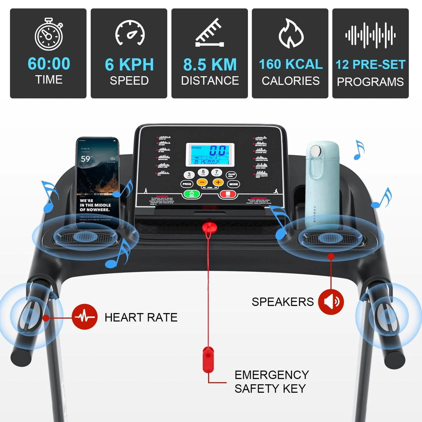 GEEMAX Electric Motorized Treadmill with 4 Incline Levels, Speakers, bluetooth, APP Control, LCD and Pulse Monitor for Home Office Walking Running , 220 LB Max Weight - T12C5