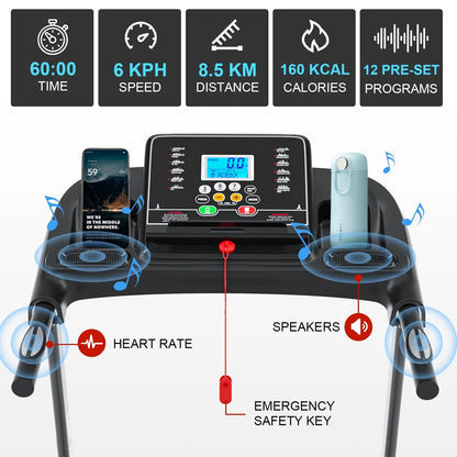 GEEMAX Electric Motorized Treadmill with 4 Incline Levels, Speakers, bluetooth, APP Control, LCD and Pulse Monitor for Home Office Walking Running , 220 LB Max Weight - T12C5