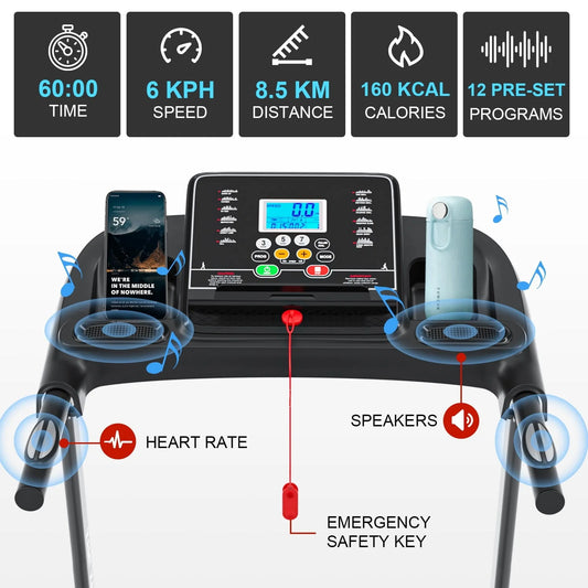 GEEMAX Electric Motorized Treadmill with 4 Incline Levels, Speakers, bluetooth, APP Control, LCD and Pulse Monitor for Home Office Walking Running , 220 LB Max Weight - T12C5