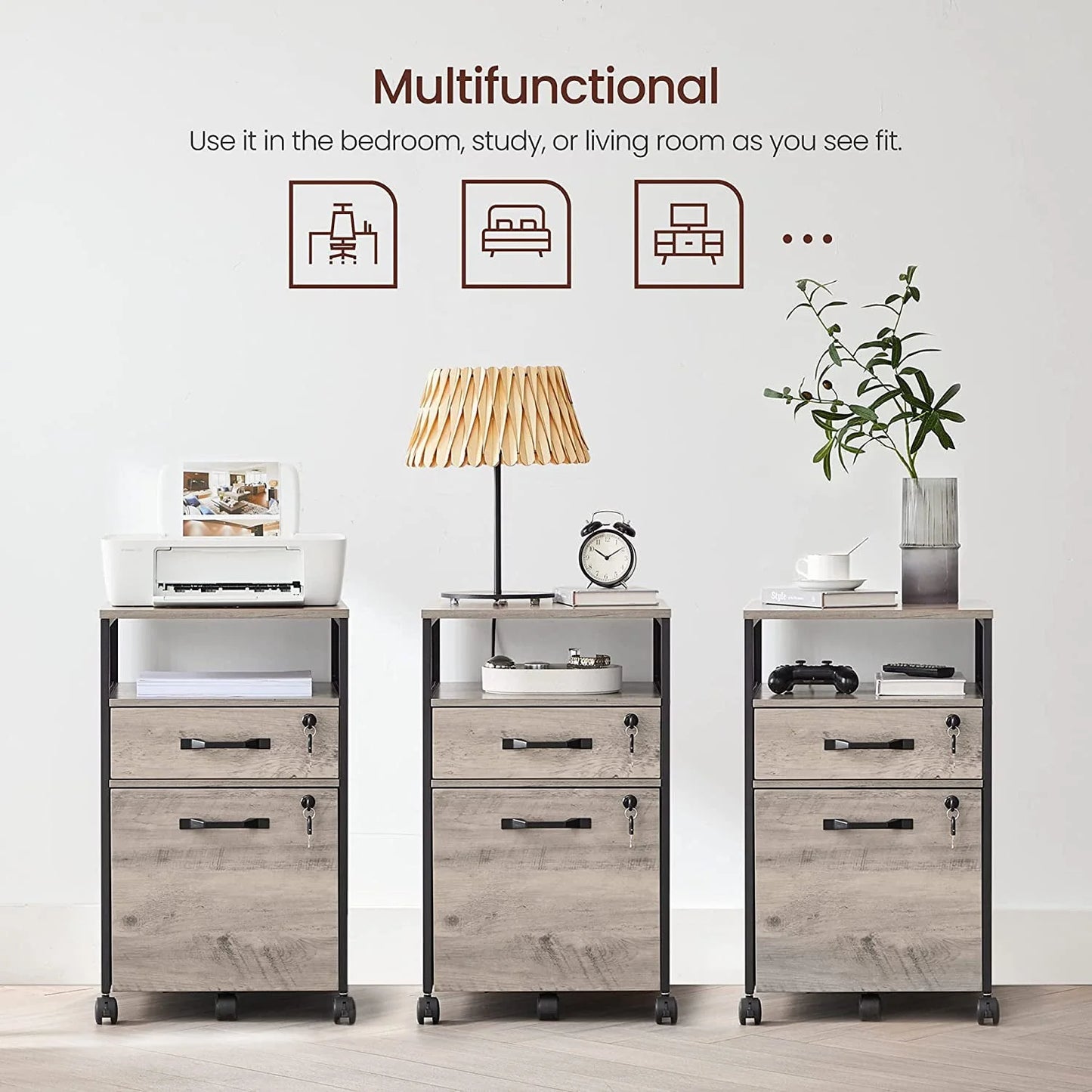 VASAGLE File Cabinet with Lock Filing Cabinet with 2 Storage Drawers for Home Office Open Shelf Greige and Black