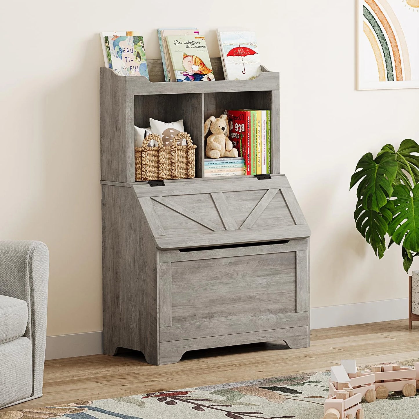 Kids Bookshelf and Toy Storage Organizer, Large Wooden Toy Box Chest with Flip-top Lid and Cubby, 3-Tire Children's Bookcase with Toy Storage Cabinet for Playroom Bedroom Nursery Kindergarten Hallway