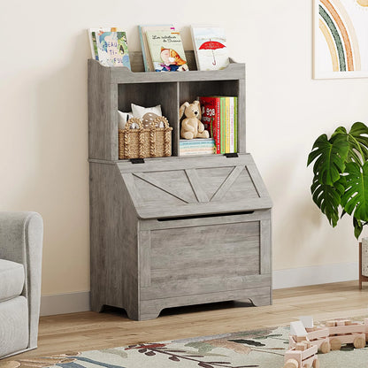 Kids Bookshelf and Toy Storage Organizer, Large Wooden Toy Box Chest with Flip-top Lid and Cubby, 3-Tire Children's Bookcase with Toy Storage Cabinet for Playroom Bedroom Nursery Kindergarten Hallway