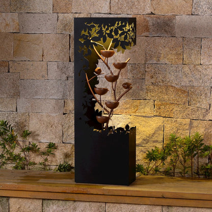 Hi-Line Gift Ltd. Black LED Fountain with Hollowed Flower & Bowl Design - Outdoor