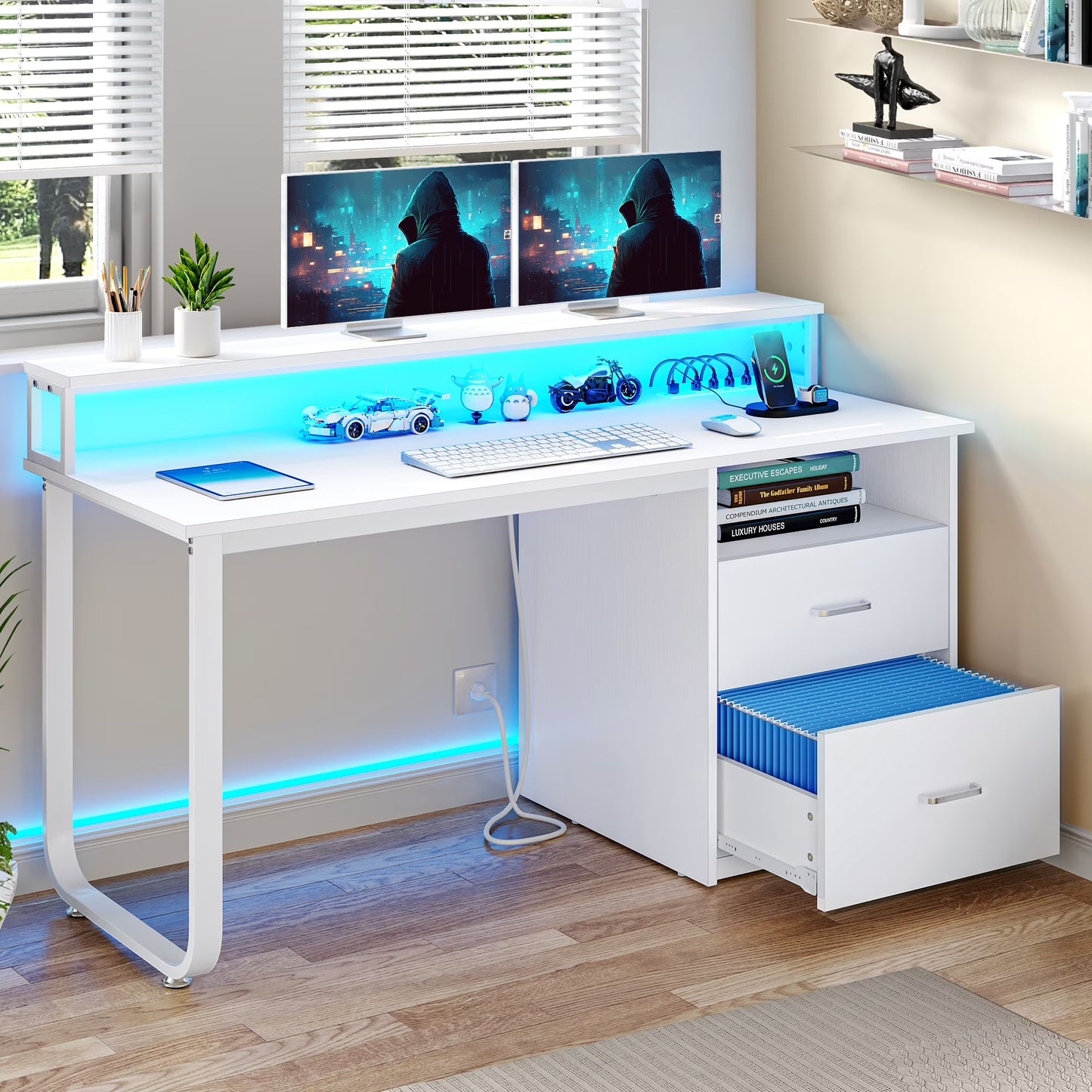 Dextrus 47 inch Computer Desk with Storage Drawers & LED Light, Office Desk with Monitor Stand & Power Outlets, Work Study PC Desk for Small Spaces, Home Office, Oak