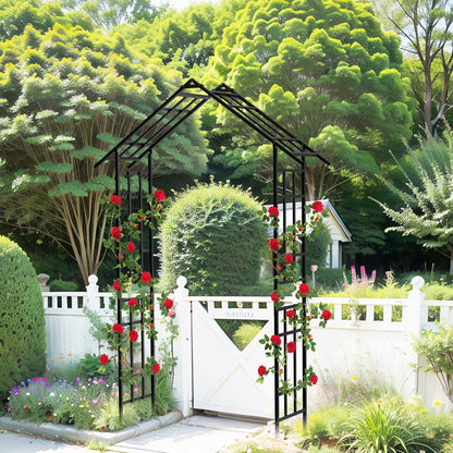 Metal Garden Arch with Plant Box and Adjustable Width, 2 in 1 House Shape Garden Arch Trellis for Climbing Plants Heavy Duty Steel Pergola Arch for Wedding Party Backyard Outdoor (Black)