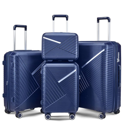 4 Piece Luggage Set, 14"/20''/24/''28'' Expandable Lightweight Suitcase with Noise-free Double Spinner Wheels & TSA Lock, Polypropylene Hardshell Storage Case for Travel Vacation, Champagne