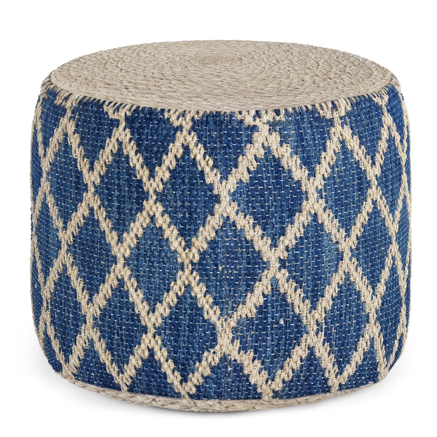 Edgeley Boho Round Pouf in Classic Blue, Natural Woven Braided Jute