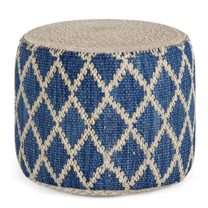Edgeley Boho Round Pouf in Classic Blue, Natural Woven Braided Jute