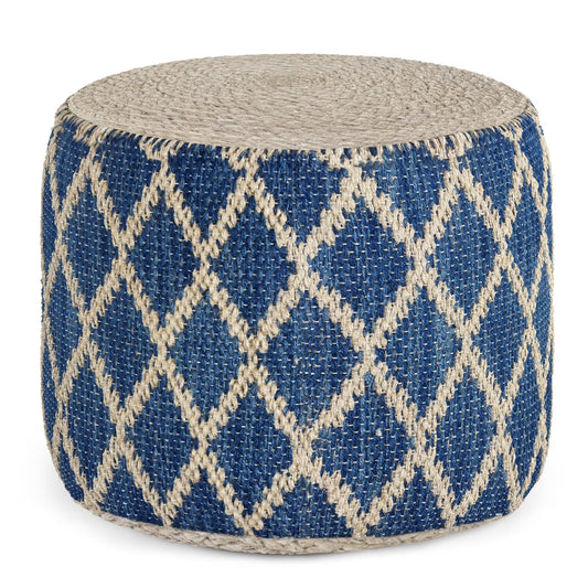 Edgeley Boho Round Pouf in Classic Blue, Natural Woven Braided Jute