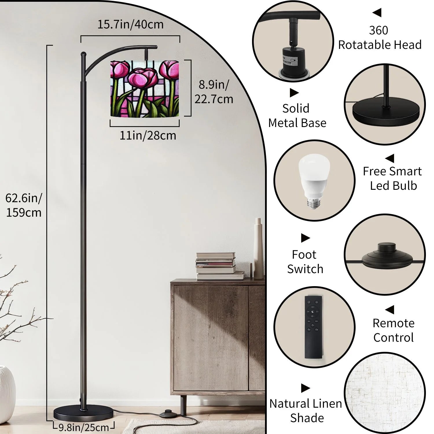Arc Floor Lamp, 3 Color Temperatures Modern Floor Lamps Flowes Flower Floral Oil Adjustable Tall Standing Reading Lamp with Linen Texture Shade for Living Room, Bedroom, Office