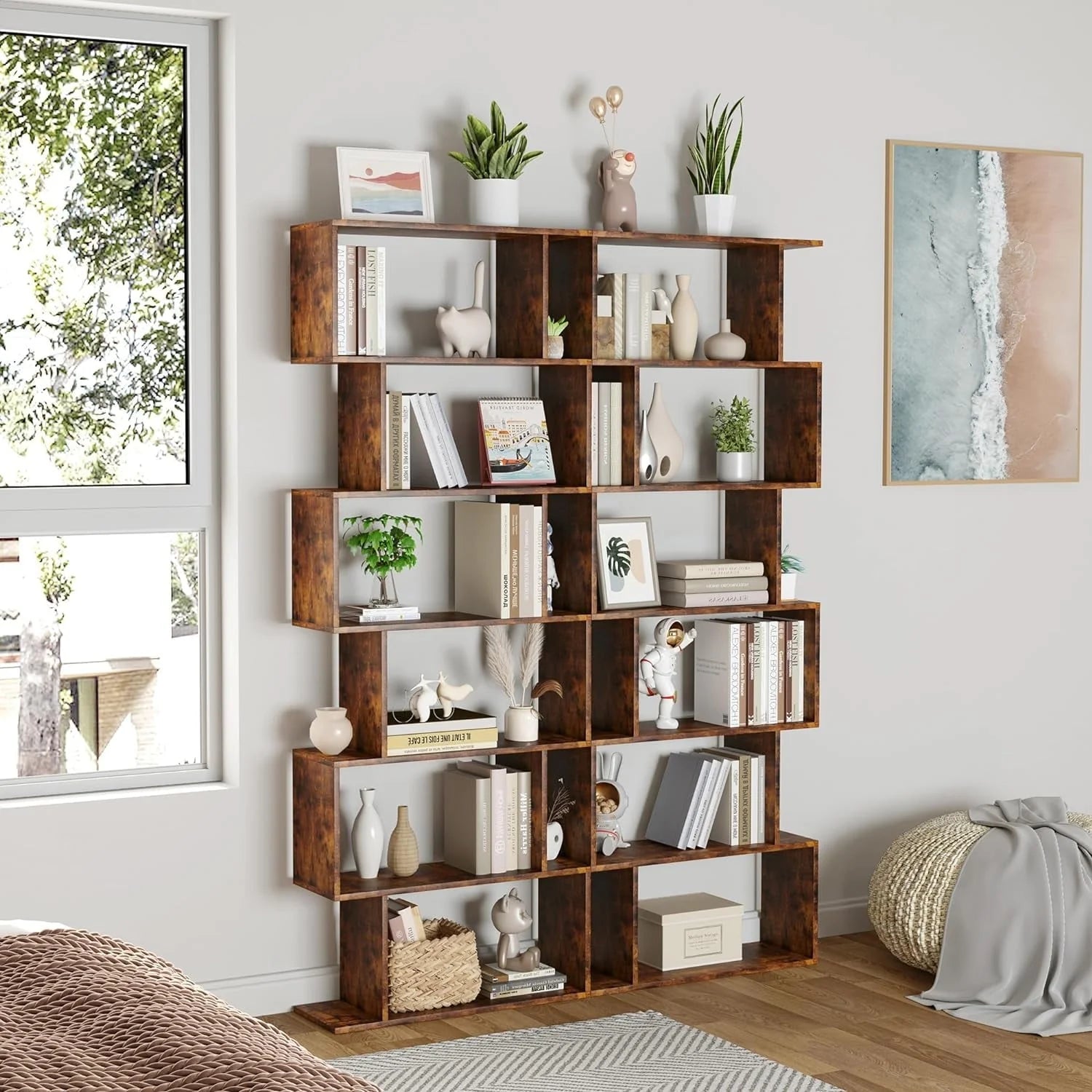 Geometric Bookcase, Bookshelf 6-Tier S Shaped Book Shelves For Bedroom, Modern Wood Decorative Display Shelf Tall Book Case For Home Office, Rustic Brown