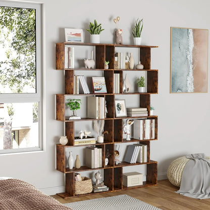 Geometric Bookcase, Bookshelf 6-Tier S Shaped Book Shelves For Bedroom, Modern Wood Decorative Display Shelf Tall Book Case For Home Office, Rustic Brown