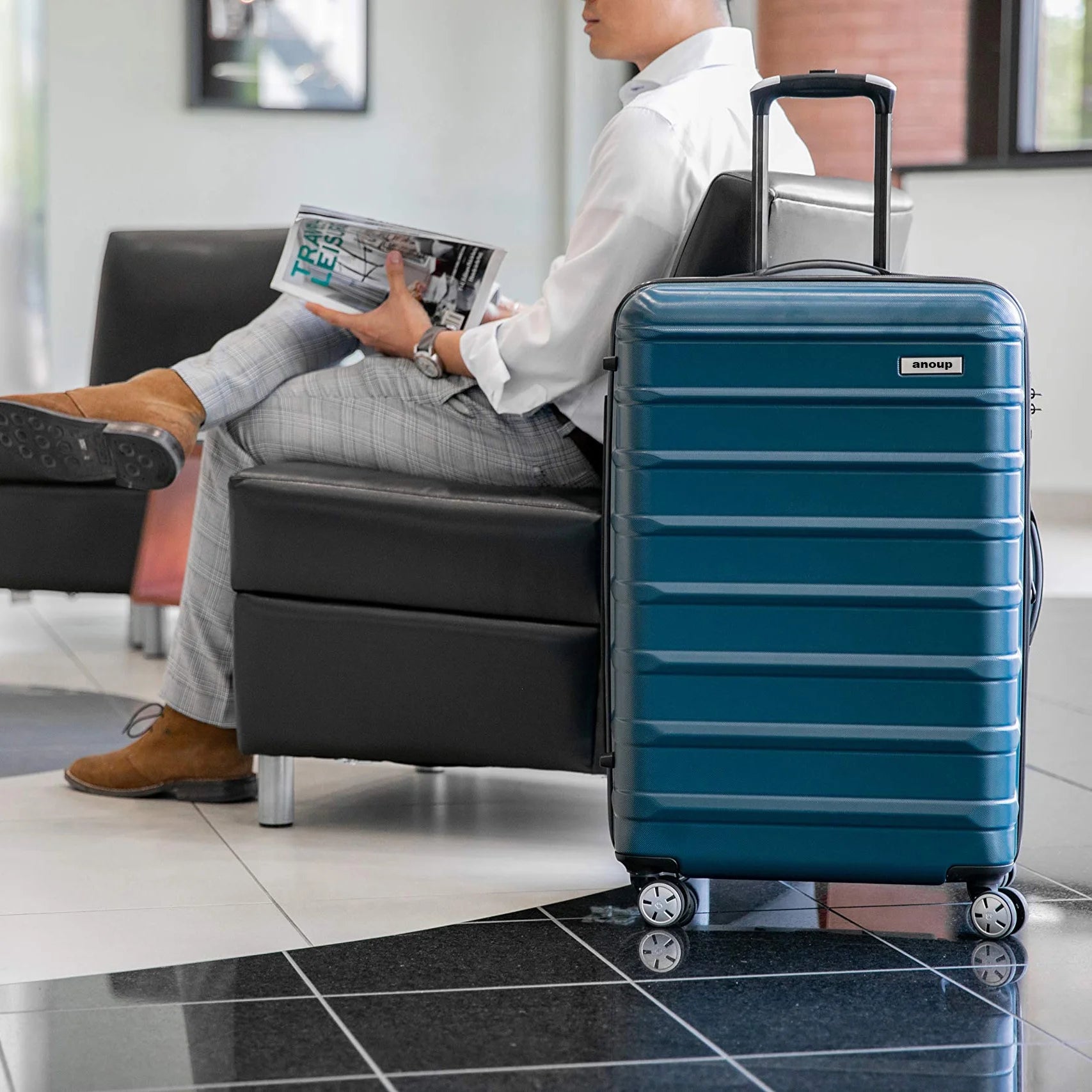 anoup Samsonite Omni PC Hardside Expandable Luggage with Spinner Wheels, Checked-Medium 24-Inch, Caribbean Blue
