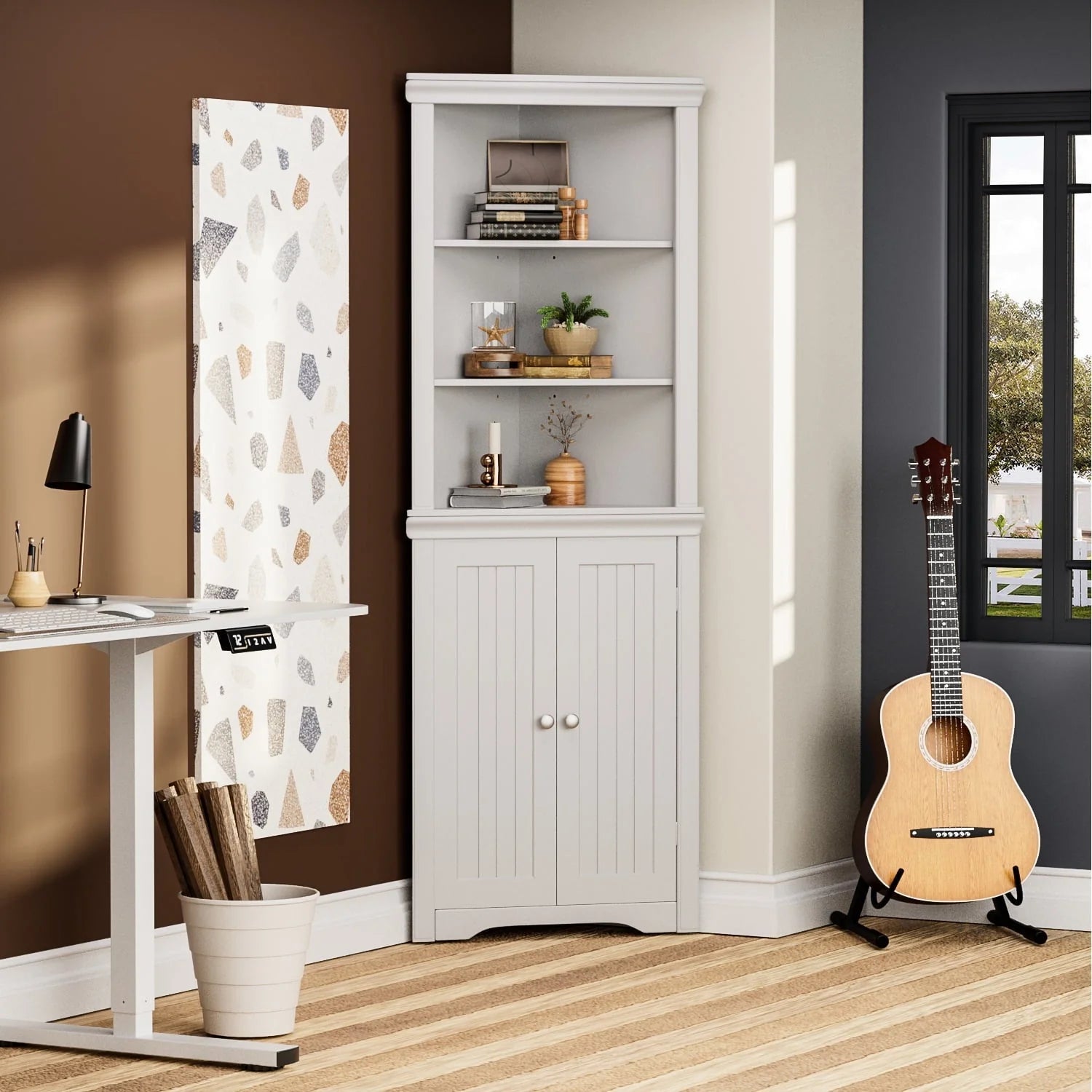 Furmax Corner Bookcase with Storage, Corner Bookshelf Stand Storage Rack for Living Room, Home Office, Kitchen, Small Space,White