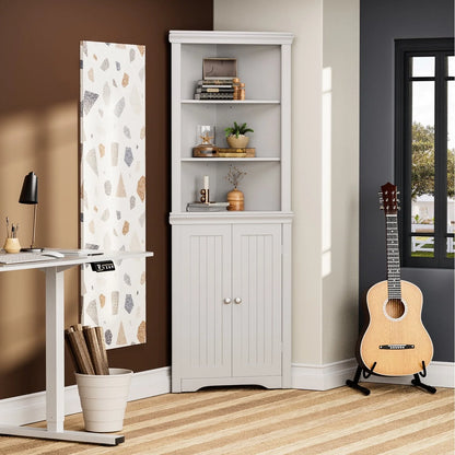 Furmax Corner Bookcase with Storage, Corner Bookshelf Stand Storage Rack for Living Room, Home Office, Kitchen, Small Space,White