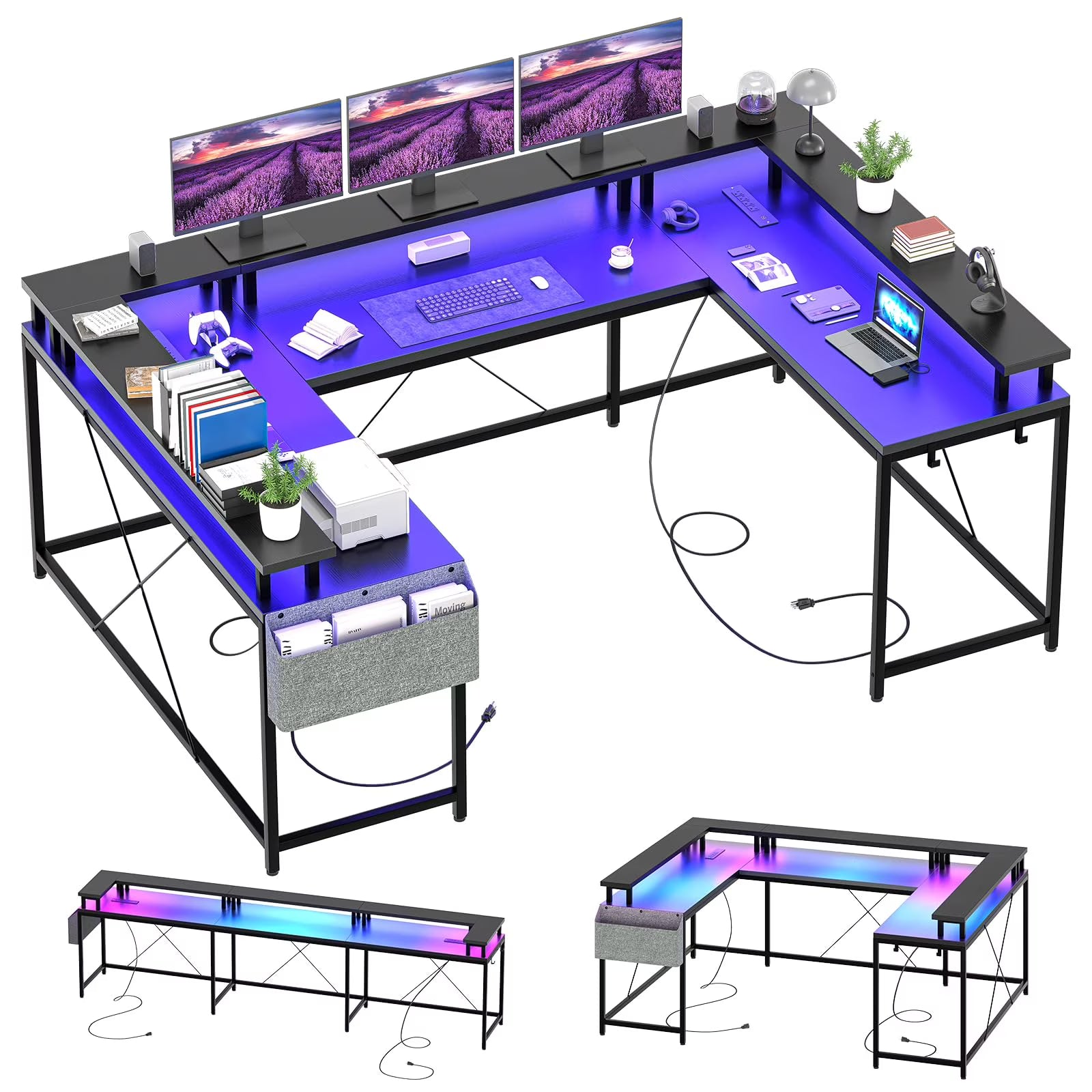 NEILA U Shaped LED Light Computer Gaming Desk with Power Outlets, Reversible 78.8'' Large PC Desk with Monitor Stand & Storage Bag, Home Office Desk, Study Desk, Writing Desk, Workstation, Grey