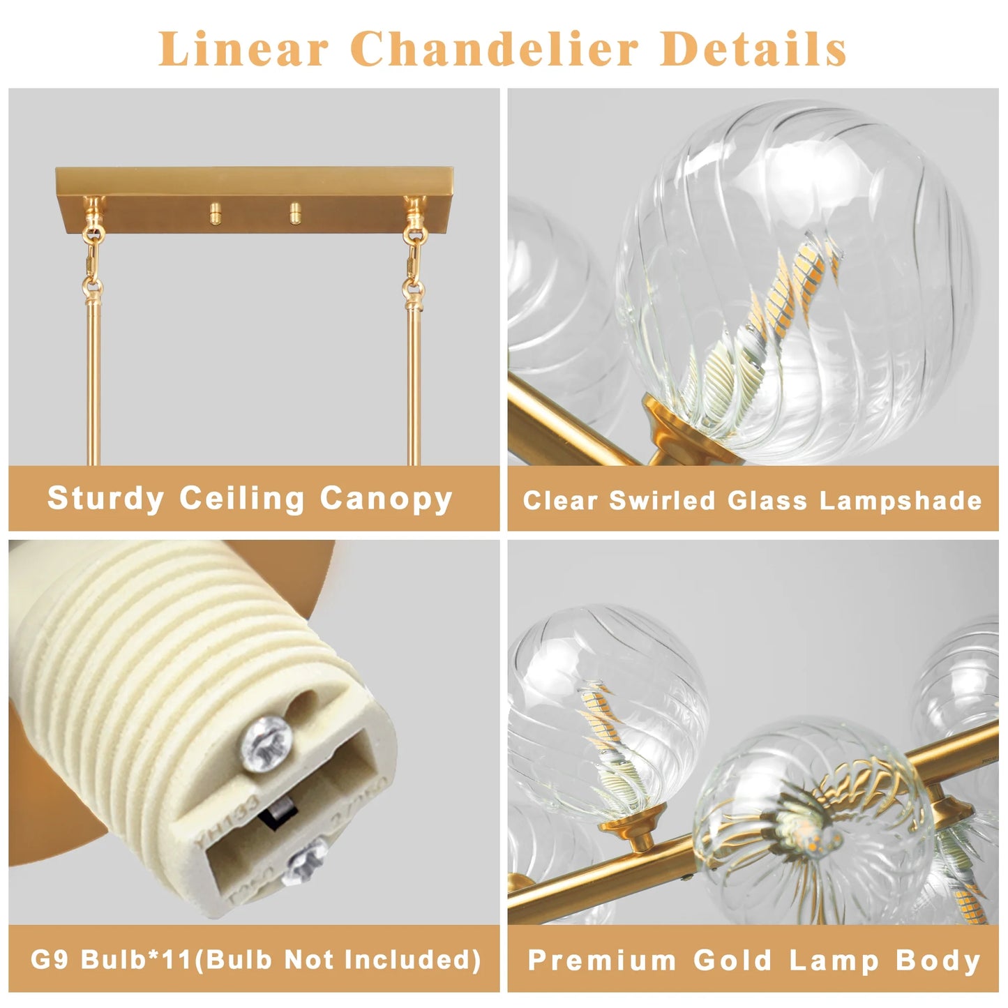 Lzawvm Dining Room Light Fixture with Swirled Glass Globe Linear Chandelier for Dining Room 11-Lights Pendant Lights Kitchen Island for Living Room Sputnik Gold 51inch