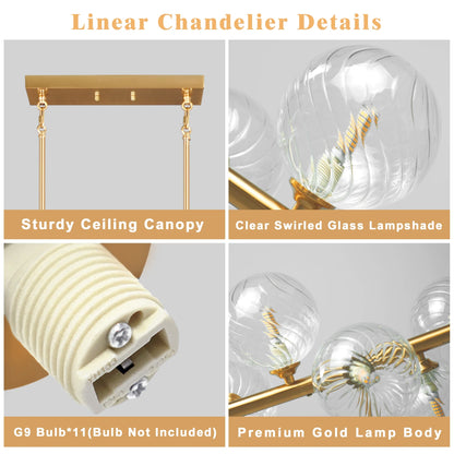 Lzawvm Dining Room Light Fixture with Swirled Glass Globe Linear Chandelier for Dining Room 11-Lights Pendant Lights Kitchen Island for Living Room Sputnik Gold 51inch