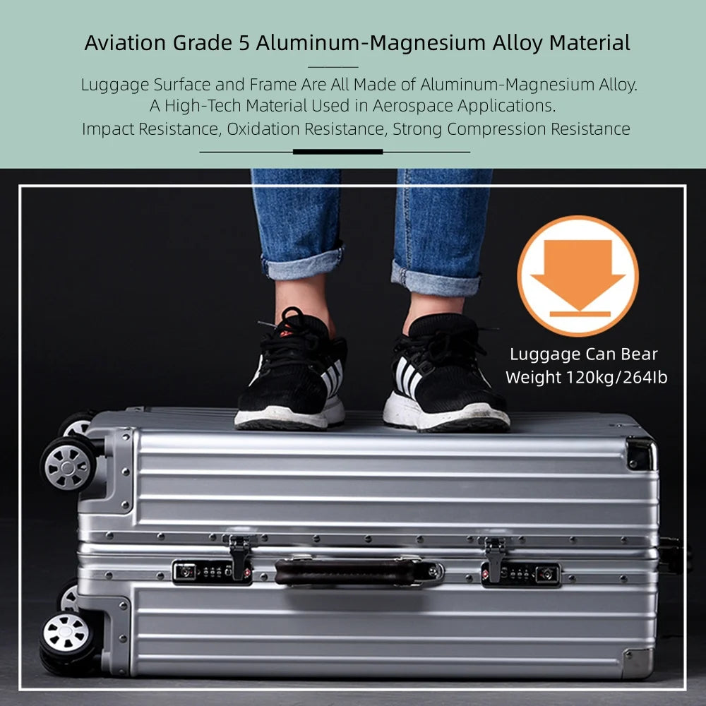 All Aluminum Magnesium Carry on Luggage Airline Approved, Hardside Carry on Suitcase with TSA Lock, Zipperless Luggage Checked Luggage Metal Rolling Luggage for Travel, Business