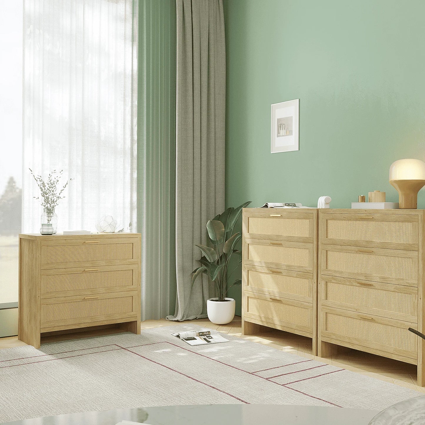 Richya Rattan Dresser with 4 Drawers, Wood Storage Cabinet for Living Room, Hallway, Nursery ,Bedroom