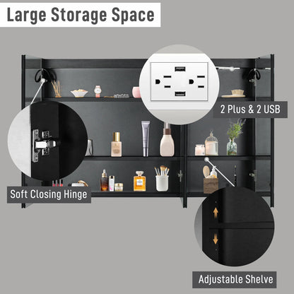 Ktaxon 48"x28" LED Bathroom Mirror Cabinet with Lights, Wall-Mounted Medicine w/Defogger, Dimmable, Memory function, Outlets & USB, White