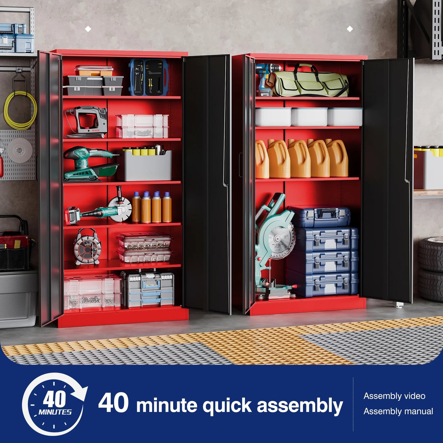AUHUP 71" Metal Cabinet with Locking Doors and 5 Adjustable Shelves, Red Black Garage Storage Cabinet for Warehouse, Basement, Home Office, Tool File Storage Utility Cabinets