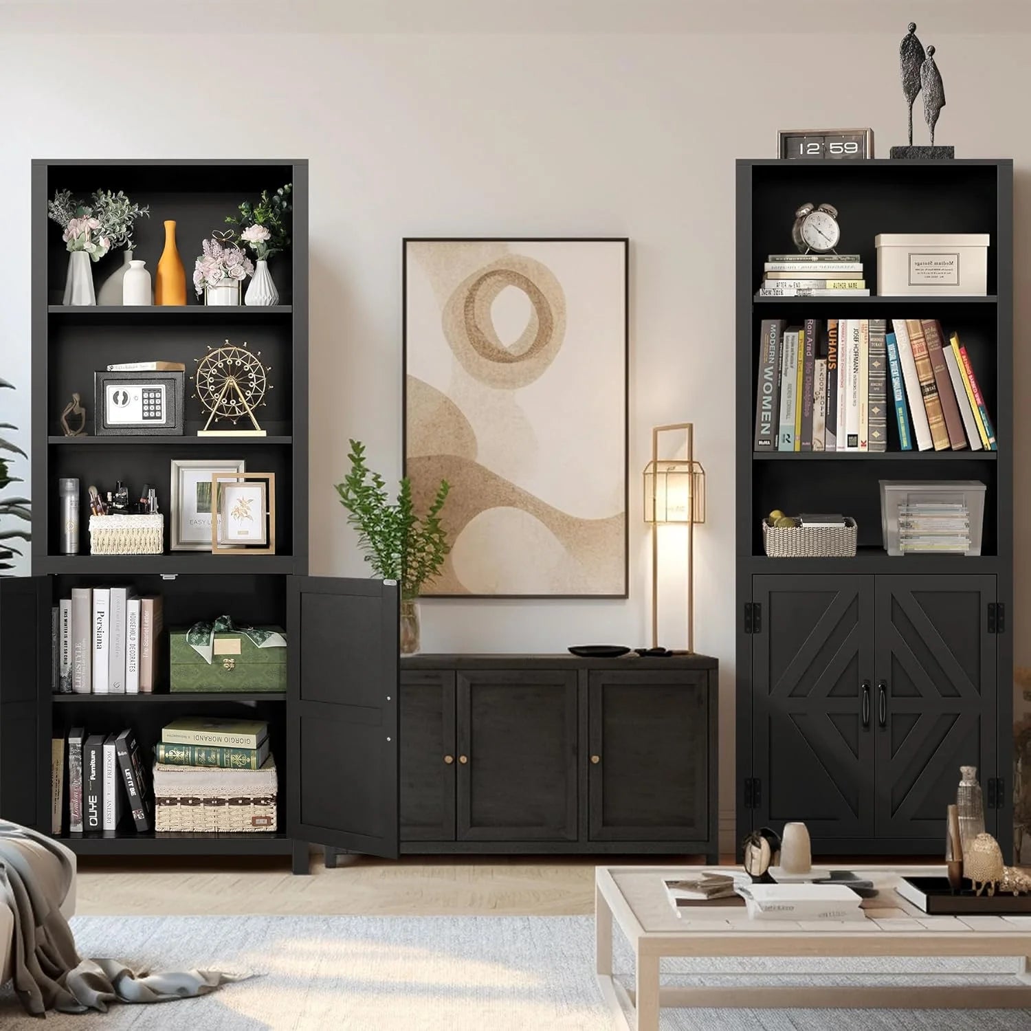 SEJOV Tall Bookshelves, 5-Tier Farmhouse Bookshelf with Cabinet Doors, 71" Bookcase with 3-Tier Open Wood Shelves, Adjustable Book Case for Home Office, Black