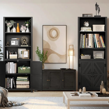 SEJOV Tall Bookshelves, 5-Tier Farmhouse Bookshelf with Cabinet Doors, 71" Bookcase with 3-Tier Open Wood Shelves, Adjustable Book Case for Home Office, Black