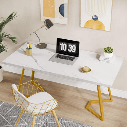 Finmind Modern Home Office Desk, Adult Study Writing Table with Metal Legs, White & Gold, 55.11" L x 31.49" D x 29.52" H
