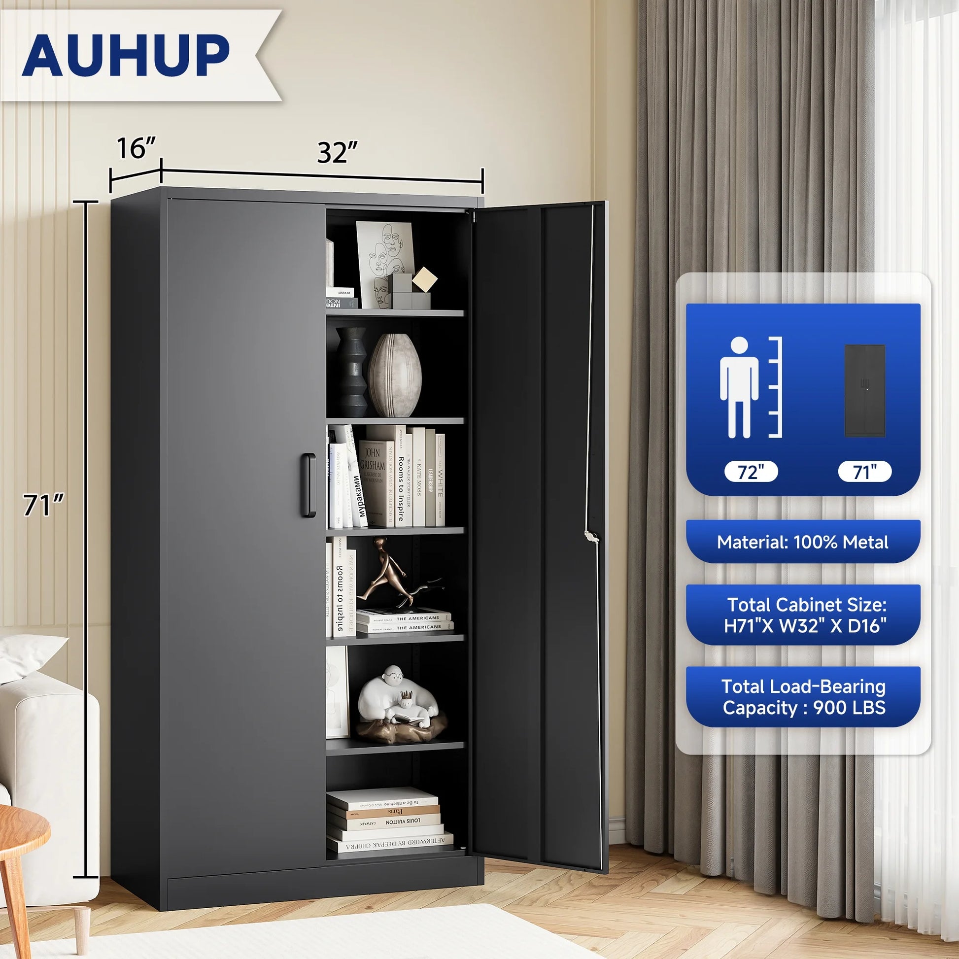 AUHUP 71" Metal Cabinet with Locking Doors and 5 Adjustable Shelves, Black Garage Storage Cabinet for Warehouse, Basement, Home Office, Tool File Storage Utility Cabinets