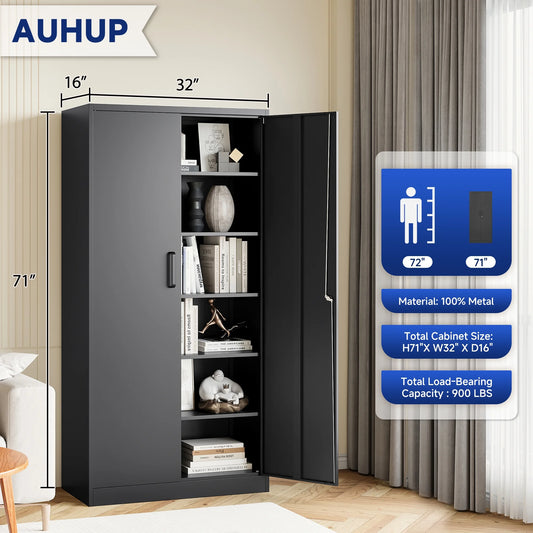 AUHUP 71" Metal Cabinet with Locking Doors and 5 Adjustable Shelves, Black Garage Storage Cabinet for Warehouse, Basement, Home Office, Tool File Storage Utility Cabinets