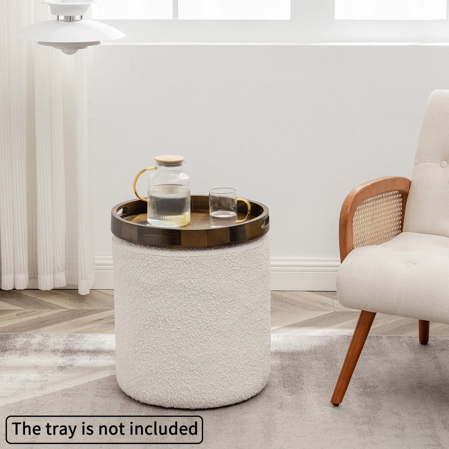 KINWELL Round Upholstered Pouf Ottoman Footrest 18' x18' x18' - Boucle White 18"