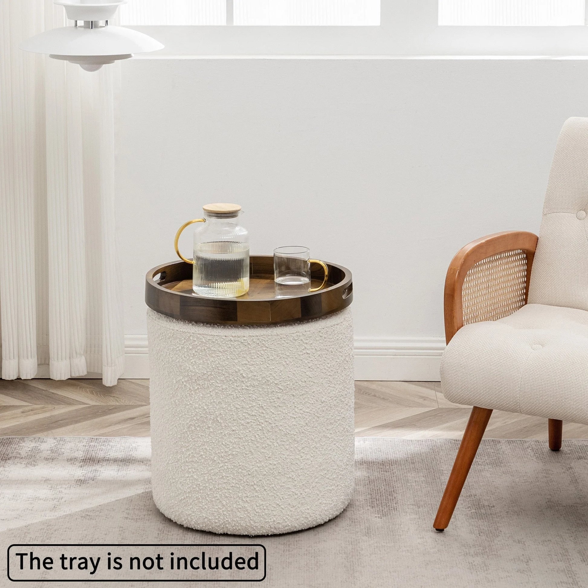 KINWELL Round Upholstered Pouf Ottoman Footrest 18' x18' x18' - Boucle White 18"