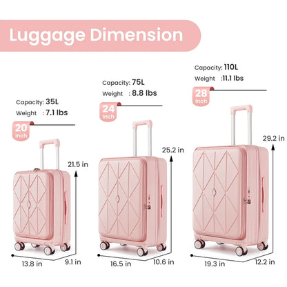 3 Piece luggage sets, Expandable Luggage 20/24/28 Inches with TSA Lock, PC Hardshell Luggage with Front Compartment, Airline Approved, Pink