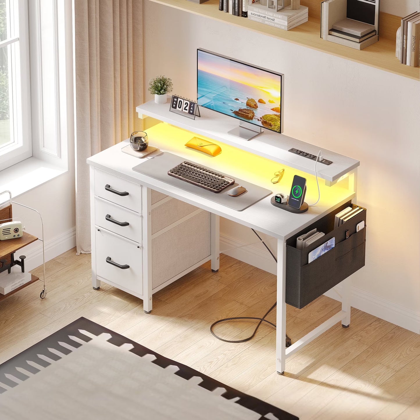 40 inch Computer Desk with Power Outlets & LED Lights, Home Office Desk with 3 Drawers & Adjustable Monitor Shelf,, Writing Desk with Storage Bag, Vintage