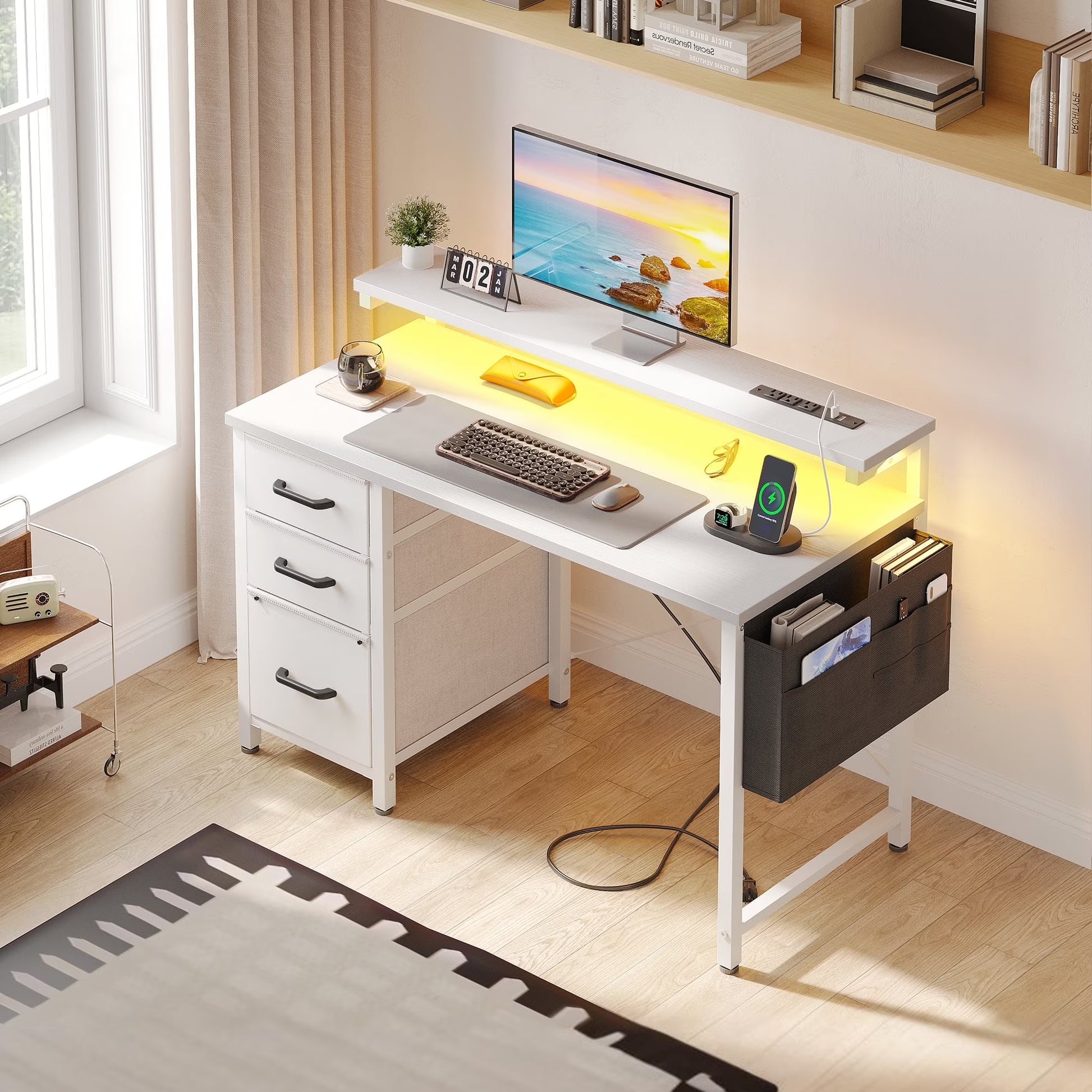 40 inch Computer Desk with Power Outlets & LED Lights, Home Office Desk with 3 Drawers & Adjustable Monitor Shelf,, Writing Desk with Storage Bag, Vintage